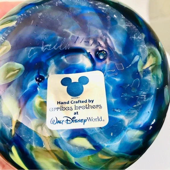 Arribas Brothers Walt Disney World Blown Glass Ruffled Vase 9” Blue Yellow Swirl - Picture 15 of 15